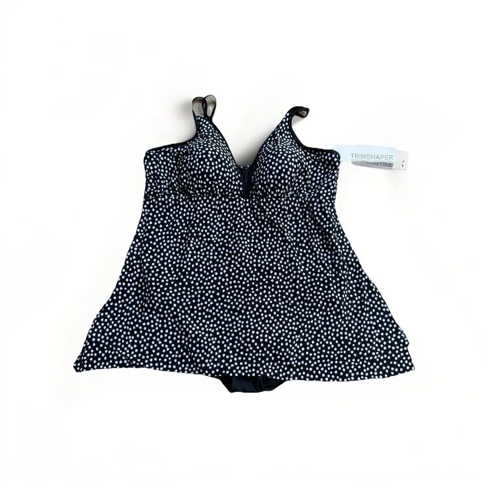 Trimshaper Swimsuit Dress Tracey Sz 24W One Piece Black White Dots Funfetti NWT - Picture 2 of 16